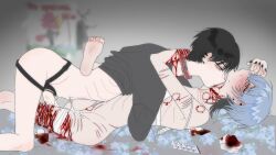  2girls akira_(soft_blade_and_love) bandaged_leg bandages bite_mark bleeding blood blood_stain blush ear_piercing emaciated guro highres licking multiple_girls original piercing reze_(soft_blade_and_love) self-harm_scar xiaoshanruix yuri 