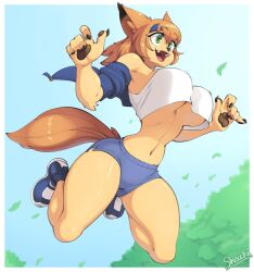  1girl animal_ear_fluff animal_ears black_nails blue_headband blue_jacket blue_shoes blue_shorts blue_sky border breasts commentary crop_top day dog_ears dog_girl dog_tail dolphin_shorts english_commentary fang fingernails full_body green_eyes headband highres jacket jumping large_breasts leaf looking_afar midriff monster_musume_no_iru_nichijou navel open_clothes open_jacket open_mouth outdoors polt shoes short_hair shorts signature skecchi sky smile sneakers solo tail tank_top underboob white_border white_tank_top 