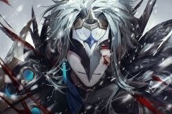  1boy bai_zhong blood blood_on_face broken_mask close-up dottore_(genshin_impact) earrings genshin_impact grey_hair grin half-closed_eyes highres jewelry looking_at_viewer male_focus mask one_eye_covered red_eyes sidelocks single_earring smile snowing solo teeth upper_body 