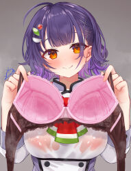  1girl ahoge bra festa11307070 gradient_background gradient_hair grey_background hair_ornament holding holding_bra holding_underwear holding_unworn_clothes looking_at_viewer multicolored_hair nanase_suzuna nijisanji orange_eyes pink_bra presenting_bra purple_hair short_hair smile solo stained_bra underwear unworn_bra upper_body virtual_youtuber x_hair_ornament 