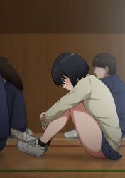 2boys 2girls ankle_socks ass black_hair black_socks blue_eyes blue_skirt blurry blurry_background blush bob_cut breasts closed_mouth commentary depth_of_field dress_shirt from_side full_body gym hair_between_eyes hand_on_own_arm highres hugging_own_legs indoors long_sleeves looking_down maanii medium_breasts miniskirt multiple_boys multiple_girls on_floor original paid_reward_available pleated_skirt profile school_uniform shadow shirt shoes short_hair sitting skirt sneakers socks solo_focus sweat sweater uncomfortable white_footwear white_shirt wooden_floor yellow_sweater rating:Sensitive score:19 user:danbooru