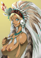  1girl aqua_eyes bad_id bad_pixiv_id blonde_hair blue_eyes breasts cowboy_western dark-skinned_female dark_skin earrings feathers female_focus headdress hyakkimaru hyakkimaru_(100mani) jewelry large_breasts looking_at_viewer native_american native_american_headdress necklace nipples nude original shiny_skin short_hair solo squaw tattoo upper_body warbonnet  rating:Questionable score:131 user:duratote