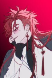  1boy black_jacket black_shirt blush chinese_clothes chinese_knot collared_shirt earrings ez_rezero gradient_background hair_down hair_over_one_eye hand_on_own_face head_rest highres jacket jacket_on_shoulders jewelry long_hair long_sleeves looking_to_the_side male_focus red_background red_eyes red_hair shiguang_dailiren shirt simple_background single_earring sleeves_past_wrists smile solo tassel tassel_earrings turtleneck twitter_username upper_body white_shirt xiao_weiying 