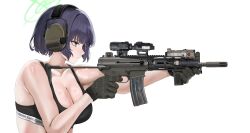  1girl absurdres alternate_costume assault_rifle bare_arms bare_shoulders black_gloves black_tank_top blue_archive blunt_bangs breasts cleavage daewoo_k1 from_side fte_(fifteen_199) gloves green_eyes gun highres holding holding_gun holding_weapon large_breasts looking_ahead purple_hair rifle saki_(blue_archive) short_hair sidelocks solo tank_top weapon  rating:Sensitive score:7 user:danbooru