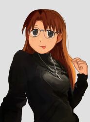  1girl :p azumanga_daiou black_sweater blush breasts brown_eyes brown_hair closed_mouth commentary cross cross_necklace glasses grey-framed_eyewear hand_up helloaite highres jewelry long_hair medium_breasts mizuhara_koyomi necklace pendant playing_with_own_hair rectangular_eyewear solo sweater tongue tongue_out turtleneck turtleneck_sweater upper_body white_background  rating:General score:14 user:danbooru