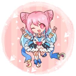  1girl :d blue_dress blue_hair boots border bracelet braid commentary_request cone_hair_bun crescent_brooch cross-laced_clothes cross-laced_dress double_v dress full_body fur-trimmed_dress fur_trim hair_bun jewelry knee_boots long_hair looking_at_viewer lowres multicolored_hair open_mouth pink_eyes pink_hair pochiko_(poteko) ragnarok_online sleeveless sleeveless_dress smile solo transparent_border trouvere_(ragnarok_online) twin_braids two-tone_hair v white_boots wrist_cuffs 