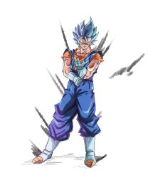  1boy absurdres atsuji1008 blue_eyes blue_hair blue_pants blue_sash blue_shirt boots dougi dragon_ball dragon_ball_super full_body gloves highres male_focus muscular muscular_male orange_shirt pants sash shirt simple_background solo super_saiyan super_saiyan_blue vegetto white_background white_boots white_gloves 