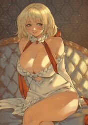  1girl absurdres arm_support blonde_hair breasts cleavage couch dress dungeon_meshi eyelashes falin_touden feather-trimmed_dress highres huge_breasts looking_to_the_side official_alternate_costume parted_lips red_shawl shawl short_hair side_slit solo thighs white_dress yiiande 