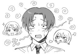  1boy 2girls :d :o ? anger_vein angry brother_and_sister chibi collared_shirt commentary_request curtained_hair freckles furrowed_brow futsuu_no_keion-bu greyscale head_only hotategaii kameya_kazushi kameya_san mole mole_on_cheek mole_under_eye mole_under_mouth monochrome multiple_girls necktie open_mouth parted_bangs portrait school_uniform shirt short_hair siblings simple_background smile sweat swirl tsuru_asaka twins white_background 