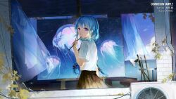  1girl amano_(amn_amn) blue_hair braid canvas_(object) commission condenser_unit easel from_behind highres jellyfish long_hair looking_at_viewer looking_back original paintbrush painting_(object) pleated_skirt purple_eyes shirt short_sleeves skirt solo standing twin_braids white_shirt 