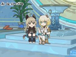  2girls aglaea_(honkai:_star_rail) ahoge ancient_greek_clothes blonde_hair blue_eyes brown_hair cat_tail closed_mouth genshin_impact greco-roman_clothes green_eyes highres honkai:_star_rail honkai_(series) kirara_(genshin_impact) laurel_crown long_hair looking_at_another multicolored_hair multiple_girls multiple_tails nekomata sewing short_hair sitting smile streaked_hair tail two_tails xinzoruo 