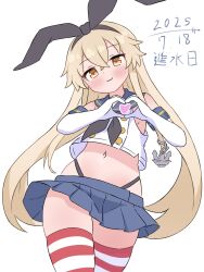  1girl 2025 20s :3 anchor_hair_ornament black_neckerchief black_panties black_ribbon blonde_hair blue_skirt blush brown_eyes chair dated flat_chest gloves hair_ornament hair_ribbon hairband heart heart_hands highleg highleg_panties july kantai_collection loli long_hair looking_at_viewer matsu_(pixiv_115467950) midriff navel neckerchief panties ribbon school_uniform serafuku shimakaze_(kancolle) shirt skirt sleeveless sleeveless_shirt smile standing striped_clothes striped_thighhighs thighhighs underwear white_background white_gloves white_shirt white_thighhighs wind wind_lift 