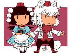  2girls alice&#039;s_adventures_in_wonderland alice_(alice_in_wonderland) alice_(alice_in_wonderland)_(cosplay) animal_ears ascot black_hair black_pants black_wings blue_dress blunt_bangs bob_cut boots camera chibi chibi_only closed_mouth commentary_request cosplay dress feathered_wings frown full_body hat holding holding_camera inubashiri_momiji jacket lewis_carroll lewis_carroll_(cosplay) looking_at_viewer multiple_girls onikobe_rin open_mouth pants pom_pom_(clothes) red_ascot red_background red_boots red_hat red_shirt shameimaru_aya shirt short_hair simple_background tail tokin_hat touhou two-tone_background v-shaped_eyebrows white_background white_hair white_jacket wings wolf_ears wolf_girl wolf_tail 