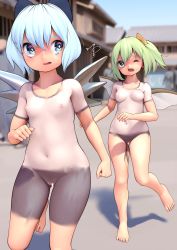 2girls bar_censor blue_eyes blue_hair bodypaint breasts censored cirno daiyousei exhibitionism green_eyes green_hair highres huxiao_(mistlakefront) loli multiple_girls nipples nude painted_clothes public_indecency running small_breasts streaking sweat touhou wings rating:Questionable score:171 user:danbooru