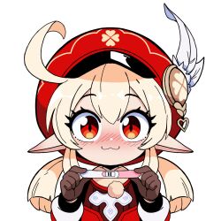  1girl :3 blonde_hair blush elf genshin_impact highres impregnation klee_(genshin_impact) loli looking_at_viewer meme nose_blush pointy_ears pregnancy_test red_eyes self-upload simple_background solo tagme unepicroachy 