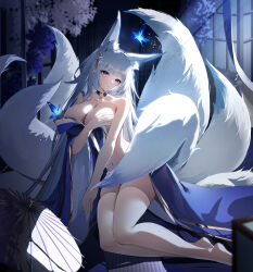  1girl absurdres animal_ear_fluff animal_ears azur_lane bare_shoulders blue_butterfly blue_collar blue_eyes breasts bug butterfly cleavage collar collarbone commentary covering_breasts covering_privates detached_collar fox_ears fox_girl full_body gold_trim grey_hair highres indoors insect kitsune kyuubi large_breasts large_tail long_hair long_sleeves looking_at_viewer multiple_tails night oil-paper_umbrella shinano_(azur_lane) solo tail tail_censor thighhighs tsuru_ai_momono umbrella white_tail white_thighhighs wide_sleeves 
