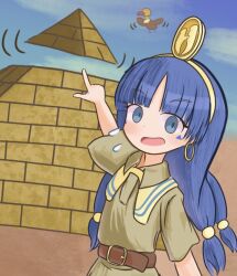  1girl belt blue_eyes blue_hair blue_sky blunt_bangs brown_belt brown_shirt collared_shirt commentary_request condor day earrings facial_tattoo hoop_earrings jewelry klepto long_hair looking_at_viewer mario_(series) michigami_nareko nintendo open_mouth outdoors pointing pyramid_(structure) quad_tails shirt short_sleeves sky smile solo super_mario_64 tattoo touhou upper_body yukkuriraiden 