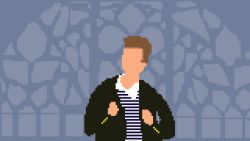  2boys animated bar_(place) black_pants black_shirt brown_hair coat dark-skinned_male dark_skin jumping lamp multiple_boys never_gonna_give_you_up overcoat pants pixel_art polo_shirt rick_astley shirt striped striped_shirt suspenders white_shirt  rating:General score:11 user:hiperionra