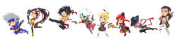  00s absurdres bandana beard belt blue_flower blue_rose bluse boots brown_hair cross dagger dark_skin dungeon_and_fighter facial_hair fighter_(dungeon_and_fighter) flower gun hat high_kick highres kicking knife long_hair long_image mage_(dungeon_and_fighter) male_gunner_(dungeon_and_fighter) male_slayer_(dungeon_and_fighter) panties pink_hair ponytail priest rose scarf short_hair skirt spiked_hair staff sword taped_fist underwear weapon white_hair wide_image 