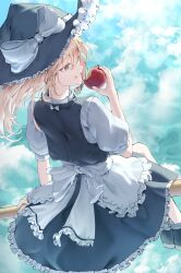  1girl absurdres apple apron back_bow black_hat black_shoes black_skirt black_vest blonde_hair bow broom broom_riding closed_mouth cloud cloudy_sky commentary day eating eira_(deruv) food frilled_apron frilled_skirt frills from_behind fruit hair_bow hand_up hat hat_bow highres holding holding_food holding_fruit kirisame_marisa light_rays long_hair puffy_short_sleeves puffy_sleeves shirt shoes short_sleeves sidesaddle sitting skirt skirt_set sky solo sunbeam sunlight touhou vest waist_apron white_apron white_bow white_shirt witch_hat yellow_eyes 