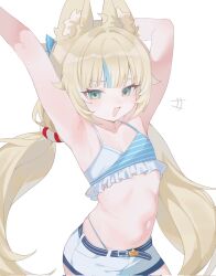  1girl :3 ahoge animal_ear_fluff animal_ears arm_behind_head armpits arms_up bare_arms bikini blonde_hair blue_bikini blue_eyes blue_hair cat_ears collarbone commentary eliora202 english_commentary fang frilled_bikini frills highleg highleg_bikini highres indie_virtual_youtuber lifebuoy_hair_ornament light_blush long_hair looking_at_viewer low_twintails multicolored_hair navel open_mouth ribs sameko_saba short_shorts shorts simple_background smile smug solo streaked_hair stretching striped_bikini striped_clothes swimsuit twintails very_long_hair virtual_youtuber white_background white_bikini white_shorts 