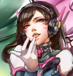  1girl black_hair bodysuit brown_eyes d.va_(overwatch) eyelashes facial_mark female_focus gem gloves head_tilt headphones highres licking licking_finger lips long_hair looking_at_viewer mecha mecha_pilot_suit meka_(overwatch) overwatch overwatch_1 portrait robot smile solo swept_bangs tongue tongue_out whisker_markings white_gloves yaya_(shizuku)  rating:Sensitive score:41 user:Deusexcalamus