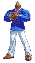  1boy absurdres blazer blonde_hair boman_delgado collared_shirt cracking_knuckles dark_skin edaki_shin&#039;ya game_cg highres jacket justice_gakuen legs_apart looking_to_the_side male_focus moero!_justice_gakuen mohawk necktie non-web_source official_art pants red_necktie shirt shoes simple_background smile sneakers solo standing white_background white_pants white_shirt 