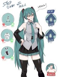  1girl absurdres annoyed aqua_hair aqua_necktie armpits bikini blush boots breasts cowboy_shot dashi_(dashiart) detached_sleeves english_text grey_shirt hatsune_miku highres like_and_retweet long_hair multiple_views navel necktie shirt simple_background sleeveless solo speech_bubble swimsuit thigh_boots twintails twitter_strip_game upper_body very_long_hair vocaloid white_background 