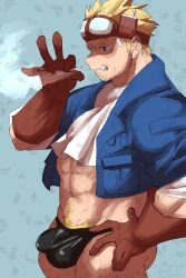  1boy abs angry ascot bara bikini_briefs black_male_underwear blonde_hair cid_highwind covered_penis cowboy_shot cropped_jacket elbow_gloves final_fantasy final_fantasy_vii from_side frown fugur6_fugur9 gloves goggles goggles_on_head highres male_focus male_pubic_hair male_underwear mature_male muscular muscular_male navel no_pants pubic_hair short_hair smoking solo sparse_stubble standing thick_navel_hair underwear 