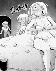 1boy 2girls age_difference android_18 angry bed bedroom blush bra breasts bulma cellphone cleavage condom condom_wrapper denim dragonball_z embarrassed heavy_breathing highres jeans large_breasts monochrome multiple_girls pants phone shirt short_hair smartphone sweat trunks_(dragon_ball) underboob underwear used_condom yuichi_ishikawa rating:Questionable score:137 user:CovArd