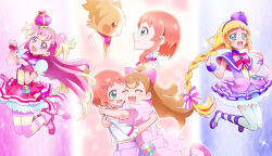  2girls :3 :d ;d ^_^ aqua_eyes arched_crown blonde_hair blue_eyes blush blush_stickers boots bow bow_earrings braid bright_pupils brooch brown_fur brown_hair capelet chest_bow closed_eyes closed_mouth clothing_cutout colorful_background commentary cropped_shirt crown cure_friendy cure_wonderful deerstalker dog dress dress_bow dual_persona earrings frilled_wrist_cuffs frills full_body gold_hairband hair_bow hair_ornament hairband hairclip hands_up hat hat_ornament heart heart_brooch heart_hat_ornament hooded_dress hug inukai_iroha inukai_komugi inukai_komugi_(dog) jewelry kakiuchi_itsuki legs_up long_hair looking_at_another looking_at_viewer low_twin_braids magical_girl midair midriff multicolored_hair multicolored_pantyhose multiple_girls multiple_views neck_ribbon one_eye_closed open_mouth orange_hair pact_holder pantyhose papillon_(dog) paw_pose pet petticoat pink_background pink_boots pink_bow pink_crown pink_dress pink_hair pink_pantyhose pink_ribbon pink_wrist_cuffs pouch precure puffy_short_sleeves puffy_sleeves purple_background purple_bow purple_dress purple_eyes purple_hat purple_shoes purple_shorts purple_wrist_cuffs red_eyes ribbon shirt shoes short_hair_with_long_locks short_sleeves shorts shoulder_cutout sleeveless sleeveless_dress smile sparkle sparkle_background striped_bow striped_clothes striped_pantyhose suspender_shorts suspenders thighhighs three-toned_background tilted_headwear twin_braids two-tone_hair two-tone_pantyhose two_side_up very_long_hair white_petticoat white_shirt white_thighhighs wonderful_pact wonderful_precure! wrist_cuffs yellow_pantyhose yellow_pupils zettai_ryouiki 