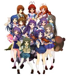  1boy 6+girls absurdres antenna_hair bespectacled blue_eyes blue_hair blue_skirt blush brown_eyes brown_footwear brown_hair clannad closed_mouth commentary_request crepe crossed_arms dango_daikazoku everyone fang food fujibayashi_kyou fujibayashi_ryou furukawa_nagisa furukawa_sanae girl_from_the_illusionary_world glasses grey_hair hair_bobbles hair_intakes hair_ornament hair_ribbon half_updo hand_up happy high-waist_skirt highres hikarizaka_private_high_school_uniform holding holding_crepe holding_food holding_instrument holding_star holding_violin ibuki_fuuko ichinose_kotomi index_finger_raised instrument kneehighs loafers long_hair looking_at_viewer medium_hair miyazawa_yukine mogege_gk multiple_girls nose_blush one_eye_closed orange_eyes pantyhose parted_lips purple_eyes purple_hair red_ribbon ribbon sagara_misae sailor_collar sakagami_tomoyo school_uniform serafuku shima_katsuki shirt shoes short_hair short_sleeves siblings simple_background sisters skirt smile socks standing star_(symbol) starfish straight_hair stuffed_animal stuffed_toy summer_uniform sunohara_mei suspender_skirt suspenders teddy_bear teeth trap twins twintails two_side_up upper_teeth_only v very_long_hair violin white_background white_pantyhose white_ribbon white_sailor_collar white_shirt white_socks wide_shot wig yellow_eyes yellow_ribbon |_| 