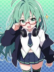  1girl :3 absurdres adjusting_eyewear ahoge aqua_background aqua_eyes aqua_hair aqua_trim arm_at_side black_skirt black_thighhighs blue_background borrowed_character breasts collared_shirt commission dot_nose double-parted_bangs from_above glasses gradient_background halftone halftone_background hand_up happy headphones headphones_around_neck highres jacket light_blush long_hair looking_at_viewer miniskirt navel niyane open_clothes open_jacket open_mouth original outline pleated_skirt rectangular_eyewear red-framed_eyewear second-party_source shirt single_off_shoulder skirt small_breasts solo sparkle standing thighhighs two-tone_background white_outline white_shirt wing_collar zettai_ryouiki 