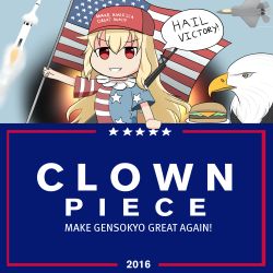  &#039;murica 1girl aircraft airplane american_flag american_flag_dress animal assault_rifle bad_id bad_pixiv_id bald_eagle baseball_cap bird blonde_hair burger character_name clownpiece donald_trump eagle english_text female_focus fighter_jet food gun hat highres long_hair m16 m16a2 mecham military military_vehicle missile parody real_life red_eyes rifle smile solo star_(symbol) touhou trump_hat united_states upper_body weapon  rating:Sensitive score:23 user:danbooru