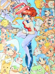  3boys 6+girls blonde_hair blue_background blue_bow blue_bowtie blue_eyes blue_hair bow bowtie brown_hair cardcaptor_sakura character_request coji-coji coji-coji_(character) crossover detached_collar digimon digimon_(creature) dirty_pair kei_(dirty_pair) kero_(cardcaptor_sakura) king_nikochan koromon leotard magic_knight_rayearth magical_taruruuto-kun mokona multiple_boys multiple_crossover multiple_girls orange_hair playboy_bunny prprtooon red_eyes red_leotard taruruuto-kun traditional_media tsukino_usagi yuri_(dirty_pair) 