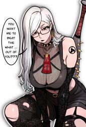  1girl absurdres ayase_seiko baseball_bat black_lips black_thighhighs breasts choker cigarette dandadan earrings english_text glasses highres jewelry large_breasts long_hair looking_at_viewer mature_female mole mole_under_eye red_eyes redpostit shoulder_tattoo solo speech_bubble spiked_bat spiked_choker spikes tattoo thighhighs torn_clothes torn_thighhighs white_background white_hair 