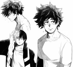  2boys boku_no_hero_academia burn_scar collarbone freckles from_side greyscale holding holding_towel male_focus midoriya_izuku monochrome multicolored_hair multiple_boys nude scar scar_on_face school_uniform shirt short_hair simple_background split-color_hair todoroki_shoto towel two-tone_hair u.a._school_uniform upper_body wet white_background zazaraza33 