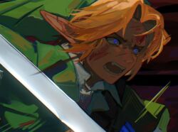  1boy angry blonde_hair blood blood_on_face blue_eyes collared_shirt curtained_hair fang green_hat green_tunic hat lilium815719 link male_focus master_sword nintendo open_mouth shirt solo sword teeth the_legend_of_zelda the_legend_of_zelda:_ocarina_of_time tongue tunic upper_body weapon white_shirt wing_collar 