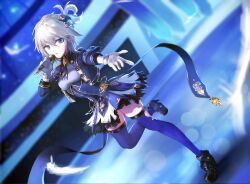  1girl anastasia_(idolmaster) blue_eyes blue_thighhighs breasts deeporbitalsky dress frilled_dress frills gloves grey_hair high_heels highres idolmaster idolmaster_cinderella_girls idolmaster_cinderella_girls_starlight_stage long_hair microphone music ponytail singing skindentation small_breasts solo standing standing_on_one_leg thighhighs white_gloves zettai_ryouiki 