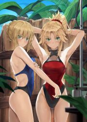  2girls armpits arms_up artoria_pendragon_(fate) bare_shoulders blonde_hair blue_one-piece_swimsuit blush braid breasts closed_mouth crown_braid fate/grand_order fate/stay_night fate_(series) gluteal_fold green_eyes halterneck highleg highleg_one-piece_swimsuit highres looking_at_viewer medium_hair mordred_(fate) mordred_(fate/apocrypha) mother_and_daughter multiple_girls official_alternate_costume one-piece_swimsuit outdoors ponytail red_one-piece_swimsuit saber_(fate) same-sex_bathing shared_bathing short_hair short_ponytail showering small_breasts swimsuit thighs tonee variant_set 