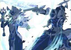  1boy 1girl armor duel_monster fake_horns gloves hat helmet holding holding_staff holding_sword holding_weapon horned_helmet horns layeyes shoulder_armor silent_magician silent_swordsman staff sword tabard weapon white_gloves white_hat white_tabard wizard_hat yu-gi-oh! 