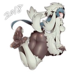 1girl 2018 ass black_pantyhose blue_hair breasts chinese_zodiac cosplay costume dress feet female_focus furfrou furfrou_(cosplay) furfrou_(natural) gen_6_pokemon grey_dress hat highres hizuki_akira long_hair long_sleeves looking_back medium_breasts new_year nintendo no_shoes pantyhose pokemon pokemon_rgby pokemon_xy red_eyes sabrina_(pokemon) simple_background skin_tight soles solo spread_toes tail toes white_background year_of_the_dog rating:Sensitive score:128 user:danbooru