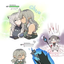  3girls angry animal_ears brown_eyes chibi dark-skinned_female dark_skin demon_horns ear_piercing ebizuka_tomo fire gameplay_mechanics girls_band_cry girls_band_cry_rpg green_background grey_eyes grey_hair health_bar highres holding holding_scepter horns jealous kawaragi_momoka kiss kissing_cheek lemoontya long_hair magic magic_circle medium_hair multiple_girls one_eye_closed piercing pointy_ears rupa_(girls_band_cry) scepter simple_background smile tail white_background wolf_ears wolf_girl wolf_tail 