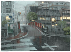  architecture balcony bollard border bridge building bulletin_board bush city city_lights cityscape commentary condenser_unit crosswalk east_asian_architecture english_commentary gom_jabbar mountainous_horizon no_humans original outdoors palm_tree photoshop_(medium) power_lines procreate_(medium) railing rain reflection reflective_water road road_sign sett sidewalk sign street tile_roof traffic_mirror tree utility_pole wet_pavement white_border window 