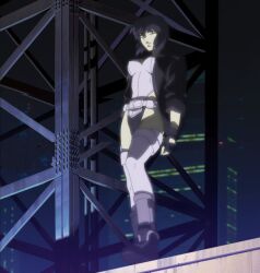  1girl black_jacket boots breasts building_snake cityscape closed_mouth ghost_in_the_shell ghost_in_the_shell:_stand_alone_complex highres jacket kusanagi_motoko large_breasts night open_clothes open_jacket purple_hair solo standing staring_down stitched third-party_edit 