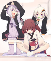  3girls brown_hair child controller food game_controller gamepad highres holding holding_food hood kizuna_akari looking_at_another multiple_girls open_mouth panties pantyshot purple_eyes purple_hair red_eyes sechin short_hair sitting touhoku_kiritan twintails underwear voiceroid white_hair yuzuki_yukari 