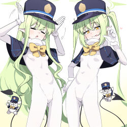  2girls alternate_costume black_tail blue_archive blue_capelet bodystocking capelet demon_tail donutman earrings gloves green_hair green_halo halo hat highres hikari_(blue_archive) jewelry licking_lips loli long_hair looking_at_viewer multiple_girls nozomi_(blue_archive) paid_reward_available peaked_cap pointy_ears rabbit_pose siblings single_earring sisters tail tongue tongue_out twins twintails white_bodystocking white_gloves  rating:Sensitive score:58 user:danbooru