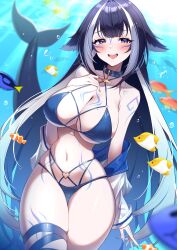  1girl absurdres ahoge air_bubble armpit_crease bare_shoulders bikini black_hair blue_bikini blue_collar blue_eyes blue_nails blush body_markings breasts bubble caustics center-flap_bangs cetacean_tail clothes_down collar cowboy_shot facial_mark fang fingernails fins fish fish_tail gawawawa hair_flaps hand_on_own_chest highres indie_virtual_youtuber large_breasts long_hair looking_at_viewer mole mole_on_breast multi-strapped_bikini_bottom multi-strapped_bikini_top multicolored_hair multiple_thigh_straps nail_polish navel open_clothes open_mouth open_shirt orca_girl sailor_collar sailor_shirt shirt shylily shylily_(bikini) sidelocks skindentation smile solo streaked_hair swimsuit tail thigh_gap underwater very_long_hair virtual_youtuber white_hair 