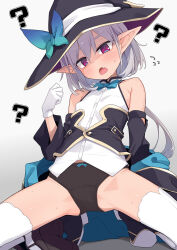  ? black_panties borrowed_character breasts butterfly_hat_ornament detached_sleeves elf gloves grey_hair hat hat_ornament highres jacket jacket_partially_removed lolibaba ogami_kazuki original panties pointy_ears red_eyes shirt simple_background sleeveless sleeveless_shirt small_breasts spoken_question_mark spread_legs squatting thighhighs underwear white_background white_gloves white_shirt white_thighhighs witch_hat 