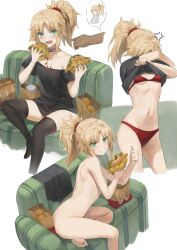  1girl 1other anger_vein ass bag black_shirt black_thighhighs blonde_hair bra breasts burger commentary_request completely_nude fang fate/apocrypha fate_(series) food french_fries green_eyes grin highres holding holding_burger holding_food logo_parody mordred_(fate) multiple_views navel nude off-shoulder_shirt off_shoulder open_mouth panties paper_bag ponytail red_bra red_panties shirt short_hair sitting small_breasts smile stomach thighhighs tonee topless_female underwear undressing white_background 